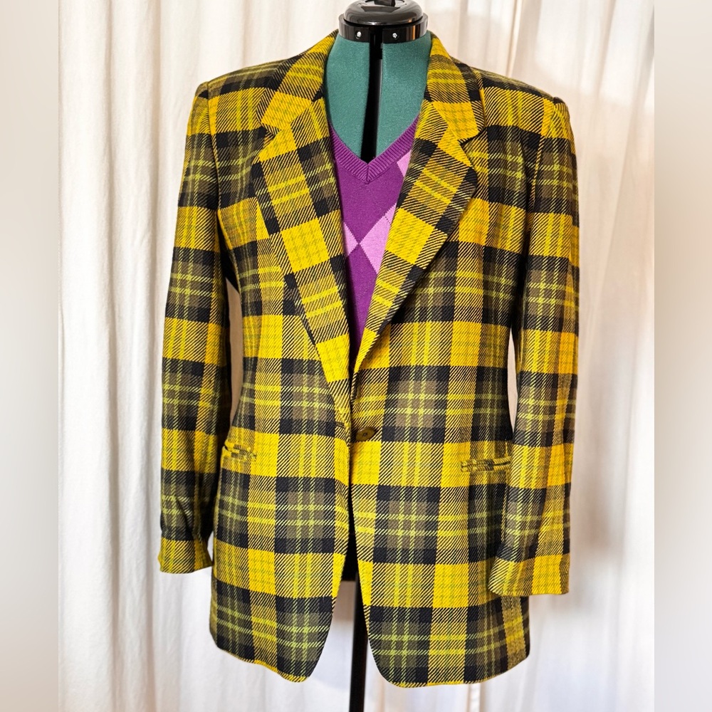 Vintage Jones New York Yellow and Black Plaid Wool Blazer Women's Size 10